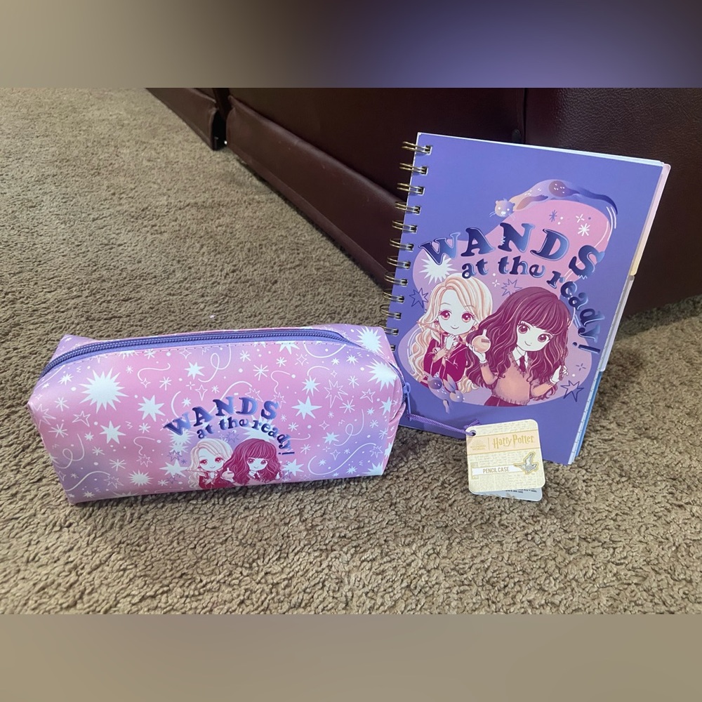 Primark Harry Potter Set Purple Chibi Wands At The Ready Pencil Case & Notebook
